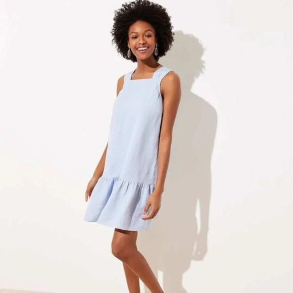 LOFT Dresses & Skirts - LOFT Shift Dress Womens Small Blue Linen Blend Ruffle Hem Vacation Breezy Travel